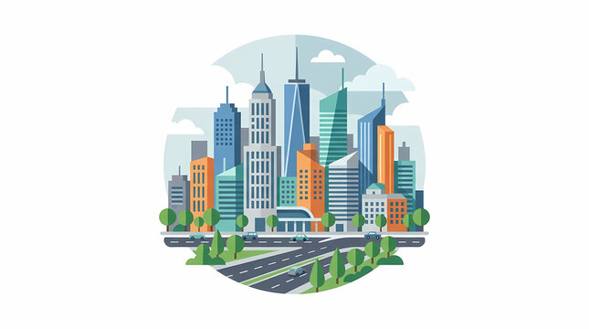 Modern city skyline illustration, urban metropolis landscape emblem, colorful city buildings with roads icon