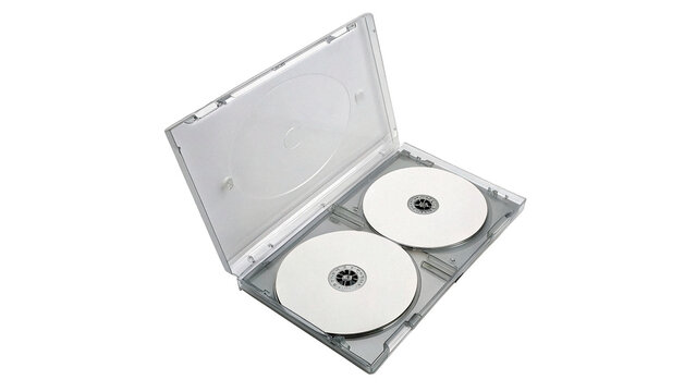 Open white plastic case with two compact discs CD on transparent background