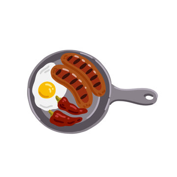 Quick and filling breakfast. Grilled sausages, fried egg and red peppers in frying pan. Cooking morning meal on camping in old metal skillet. Flat vector illustration