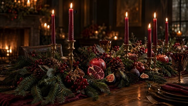 Elegant Christmas dining table centerpiece with red candles in gold candlesticks, fir garland, pomegranates and pine branches in a warm candlelit room with fireplace