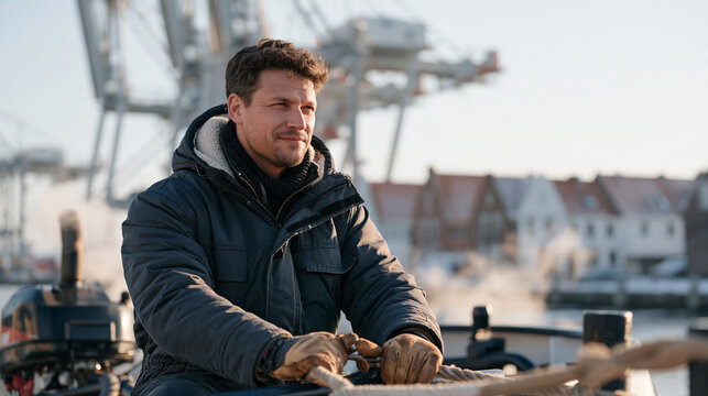Dutch harbor worker in a thermal boilersuit checking mooring lines on a small vessel at a frozen urban canal dock, exhaust rising from a diesel engine, industrial port cranes and