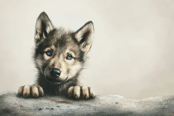 Wolf cub looks around with curiosity in a simple, neutral setting © Boyan Dimitrov