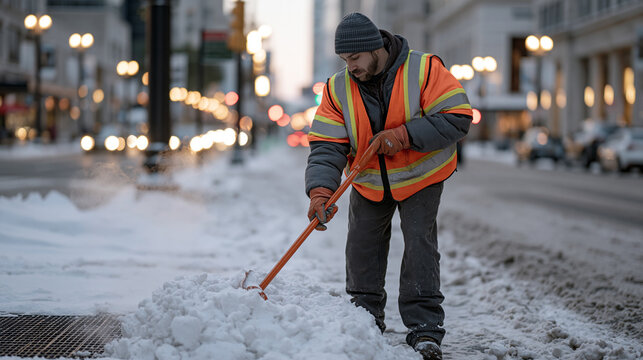 Polish construction worker in high-visibility vest and knit hat shoveling heavy snowfall off a city sidewalk at dawn, steam rising from a nearby grate, streetlights still on and