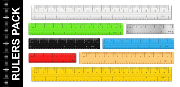 Realistic horizontal tape rulers set isolated. Plastic, metal and wooden double sided measurement in cm and inches. 10cm, 15cm, 20cm, 30cm. Vector png illustration