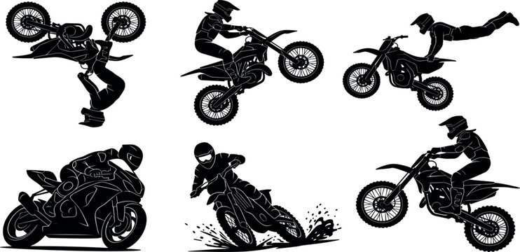 Motocross and extreme sport stunt motorcycle rider silhouettes vector graphics set on white background