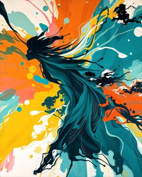 Vibrant Abstract Ink Splatter Painting on White Background.