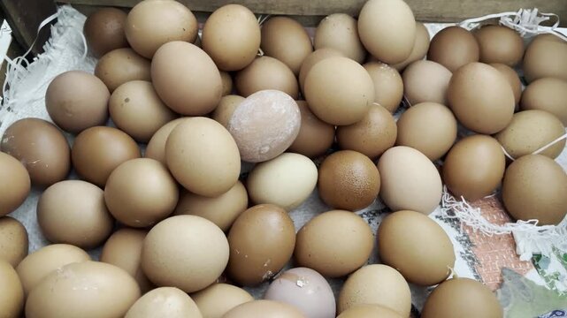 Macro close up of fresh brown chicken eggs heap background texture