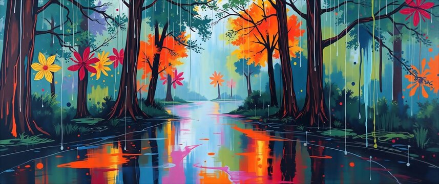 Vibrant Autumn Forest Path Reflection in Water.