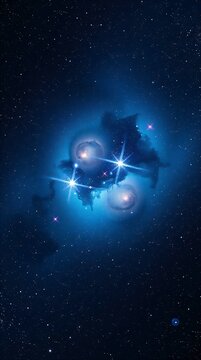 Vibrant blue nebula with bright stars in deep space.