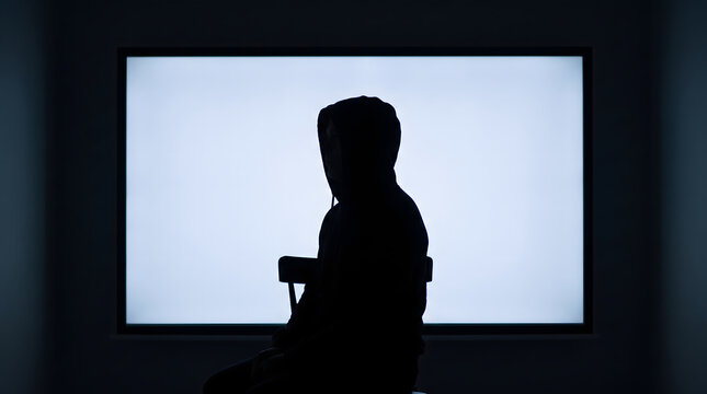 Mysterious hooded silhouette sitting before a bright rectangular screen in a dark room