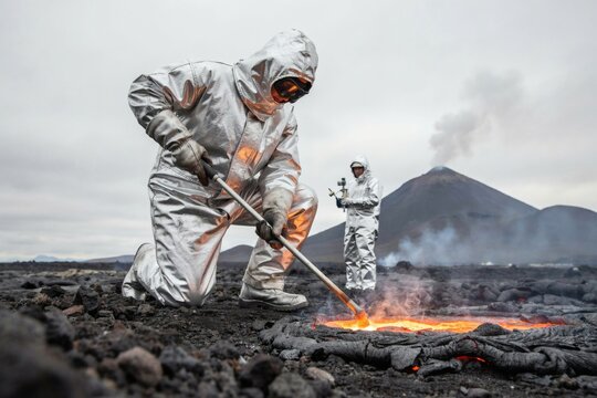 Volcanologist taking a sample with a shielded tool