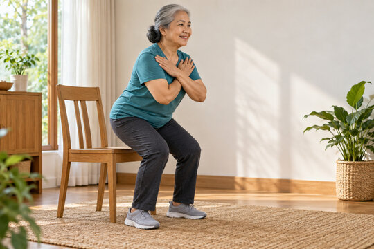 Older Woman Practicing Sit to Stand Exercise at Home