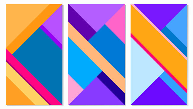 Set Illustration Modern Abstract Geometric Backgrounds with Diagonal Triangles Orange Blue Purple Pink Flat Color. Contemporary Style Design Vector. Good for Business, Website Banner, Cover, Poster