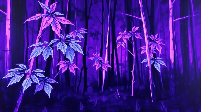 Vibrant Purple Neon Bamboo Forest Illumination.