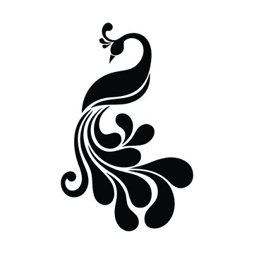Stylized, elegant black silhouette of a peacock looking backward, featuring abstract curved shapes for its tail feathers. Perfect for luxury branding, exotic bird themes, and ornamental art.