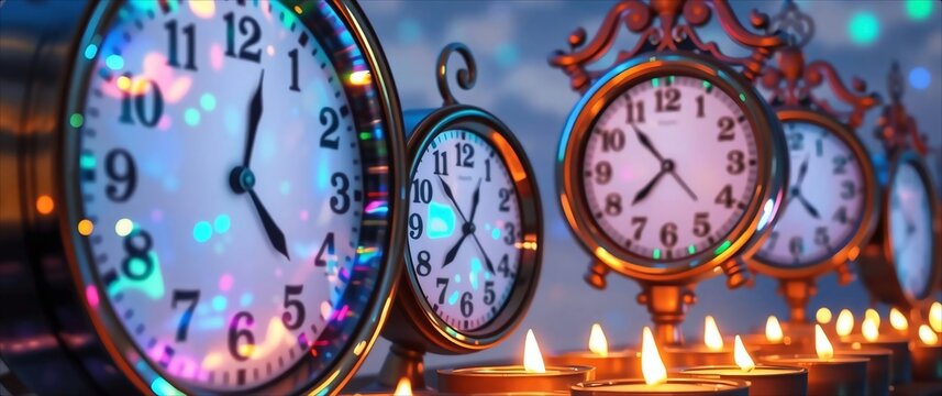 Vintage alarm clocks with candles and colorful bokeh lights.