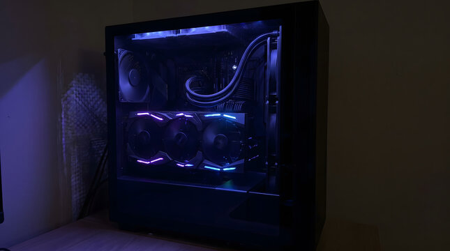 High performance gaming PC desktop with blue and purple RGB lighting inside a black case