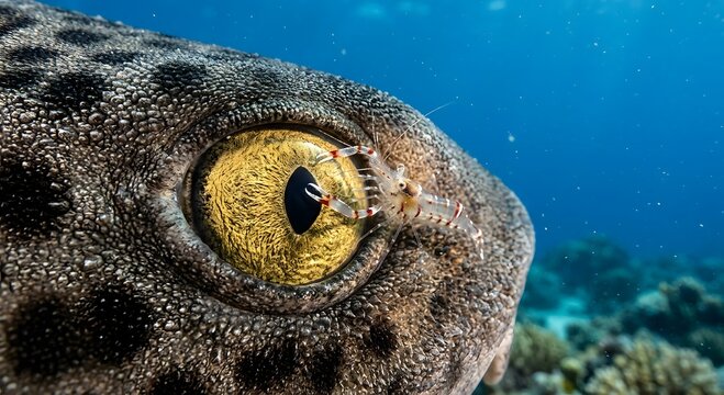 Extreme macro close-up photograph of a translucent cleaner shrimp servicing the eye texture of a majestic leopard shark underwater at Ningaloo Reef in Western Australia.