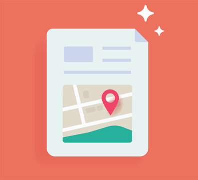 Document with address location on map icon simple graphic illustration, travel destination instructions info with gps coordinates marker, navigation&nbsp;guide&nbsp;concept clip art