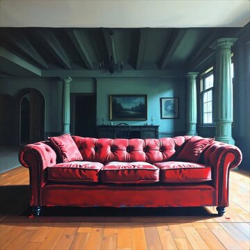 Vintage Red Chesterfield Sofa in Historic Interior.