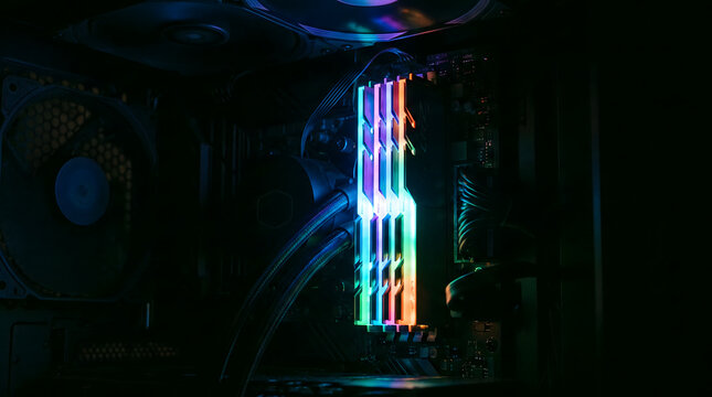 Vibrant RGB lighting on computer memory RAM modules inside a dark gaming PC case