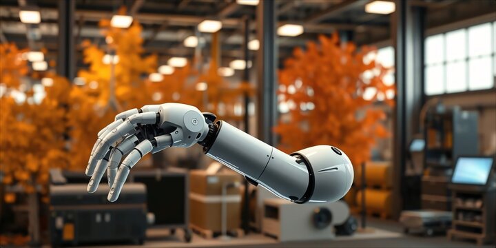 White robotic arm with articulated hand in modern industrial workshop setting.