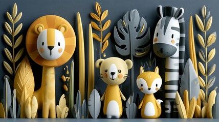 Obraz premium Cute figures of a lion, a koala, foxes, and a zebra amidst stylized plants against a dark background.