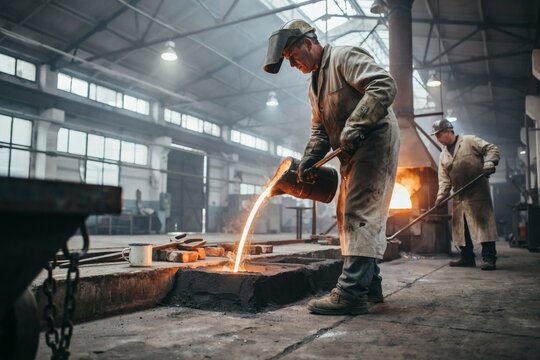 Foundry worker pouring molten metal into a mould