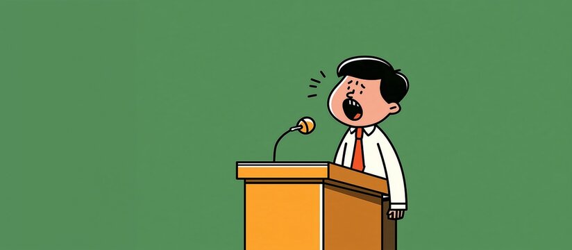 A cartoon man speaks at a lectern with a microphone against a green background.
