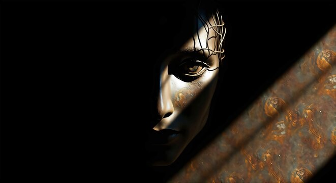 Woman peeking from dark shadow into bright light.