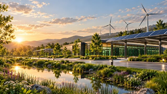 Modern sustainable data center building with solar panel roof, wind turbines, and landscaped pond at sunrise for green cloud computing