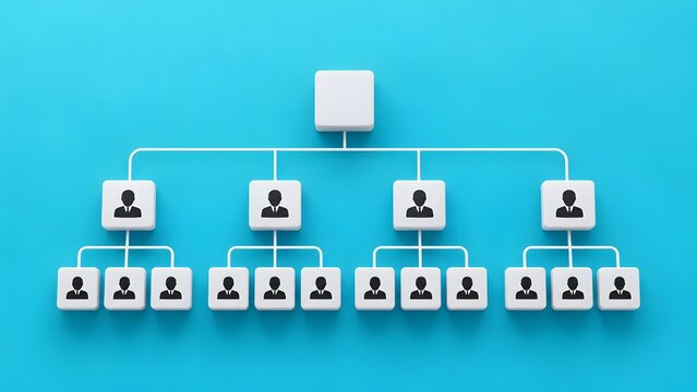 Organizational hierarchy chart with blank top leadership block above four management branches for executive recruitment and structure template