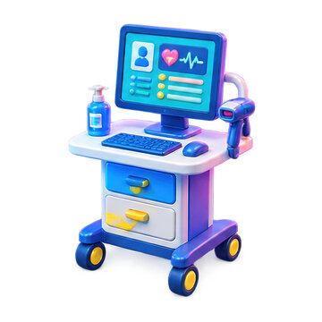 3D medical workstation cart with computer monitor and barcode scanner for hospital patient data