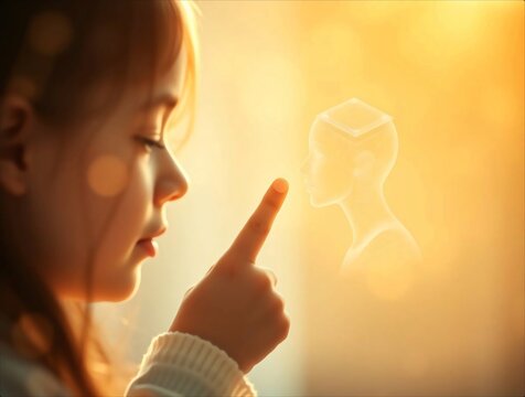 Young girl pointing at a glowing light in a warm setting.