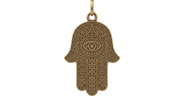 Vintage bronze hamsa hand pendant, antique brass evil eye charm jewelry, mystical hand of fatima amulet symbol isolated PNG with Transparent Background