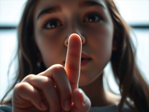 Young girl pointing finger directly at viewer.