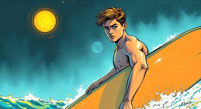 Young man holding orange surfboard in ocean waves.