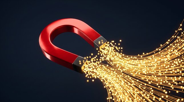 Red magnet attracts glowing fiber optics, Dynamic particle stream represents lead generation, Science concept highlights powerful pull force, Marketing strategy captures digital data flow