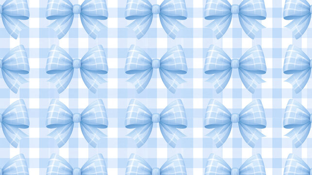 Cute pastel blue bows pattern displayed on a checkered background, delicate celebration design, with copy space