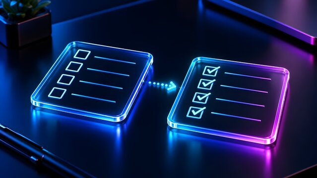 Translucent glowing panels showing unchecked task list transforming into completed checklist with checkmarks on dark office desk