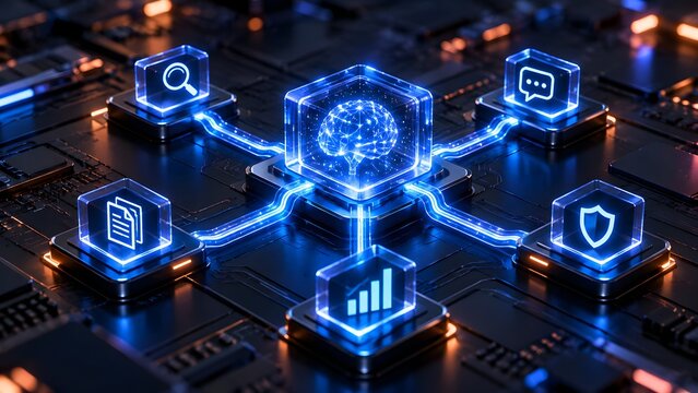 Holographic brain inside glass cube on circuit board connected to search, chatbot, security, analytics, and document processing modules