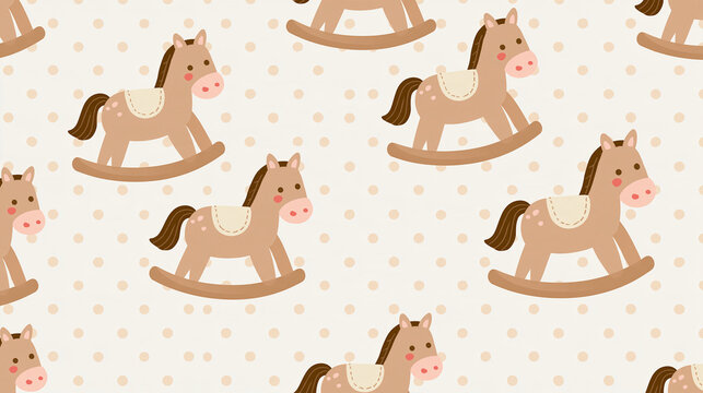 Seamless pattern featuring light brown rocking horses with cream saddles, gentle nursery fabric background design, with copy space