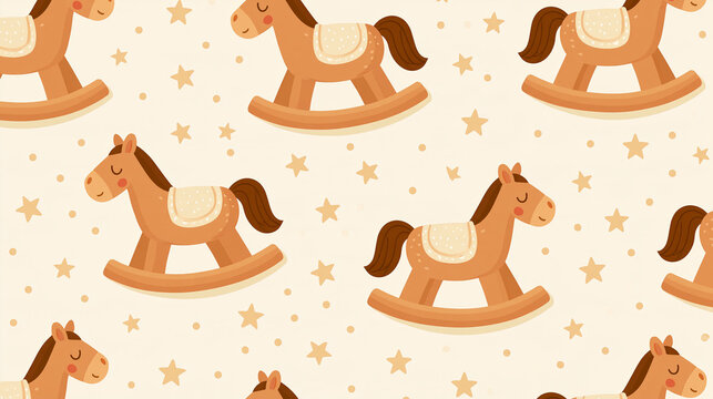 Seamless pattern featuring light brown rocking horses with cream saddles, gentle nursery fabric background design, with copy space