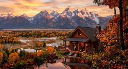 Fototapeta premium A secluded wooden cabin among brilliant fall foliage overlooks a peaceful valley, creating a cozy retreat beneath towering mountain peaks