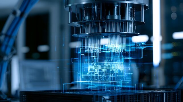 A futuristic quantum computing device with glowing blue holographic interface and intricate mechanical components in a high tech lab environment