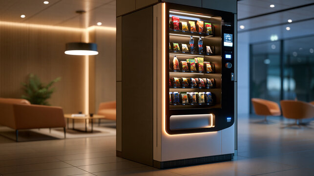 Modern automatic vending machine displayed in a minimalist lobby setting, retail technology concept, with copy space