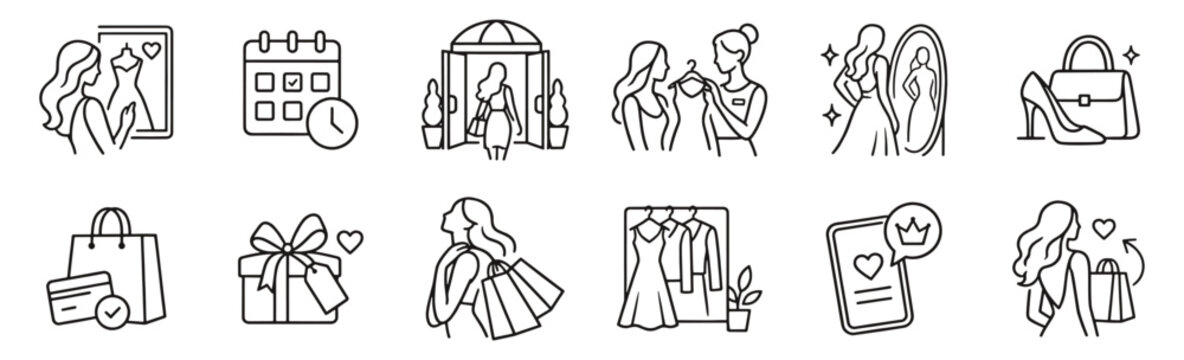 Personal shopping line icon set. Fashion advice, fitting, accessories and boutique visits linear vector illustration. Outline signs for styling, luxury retail and wardrobe services.