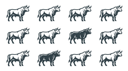 Fototapeta premium Bulls collection illustrated with vintage and minimalist linocut symbols for graphic branding.