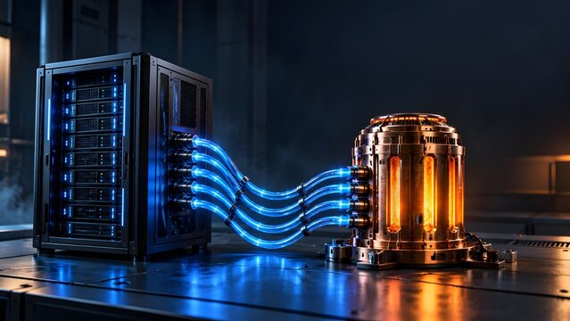 Data center server rack connected by glowing blue conduits to orange cylindrical power generator core for high-energy computing
