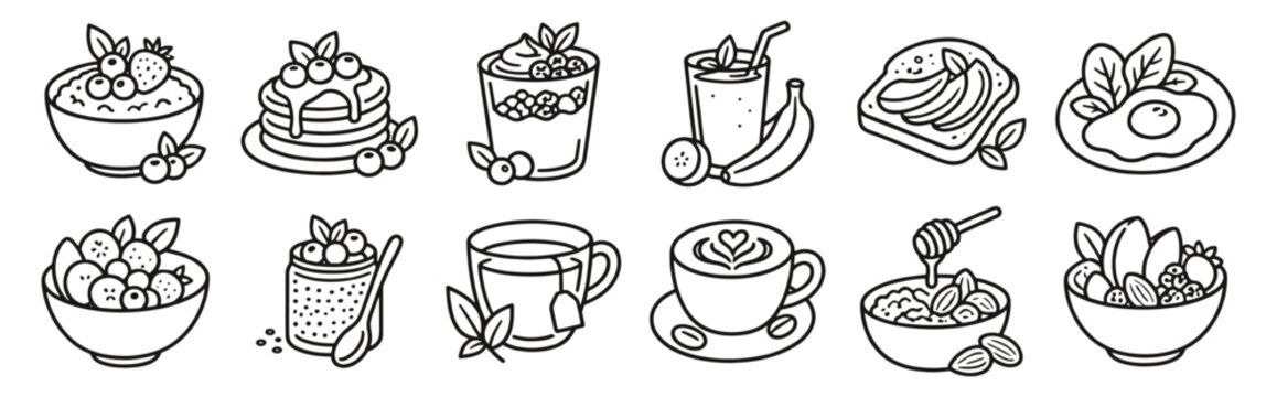 Healthy breakfast line icon set. Oatmeal, pancakes, yogurt, smoothie and avocado toast linear vector illustration. Outline signs for balanced nutrition, brunch, fresh food and fruit and granola.